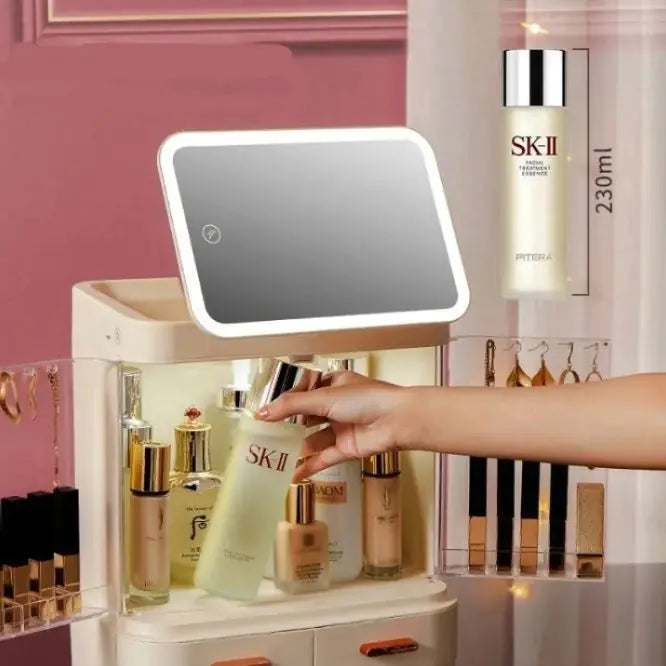 Mirror Integrated Light Desktop Large Capacity Lipstick Skin Care Products Cosmetics Storage Box