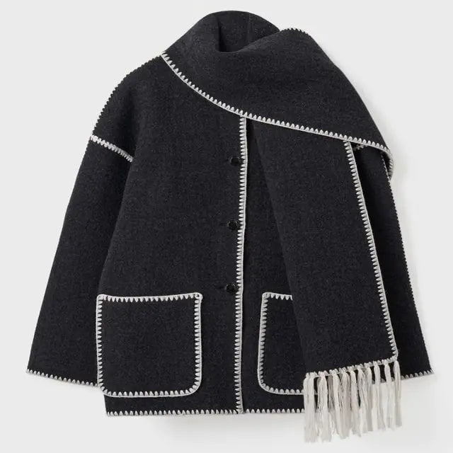 Tassel Scarf Collar Jacket For Woman